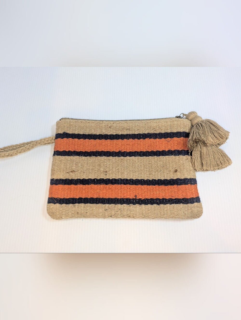 J. Jill Jute Woven Striped Wristlet Clutch Tassel Boho Navy Orange - Picture 2 of 7